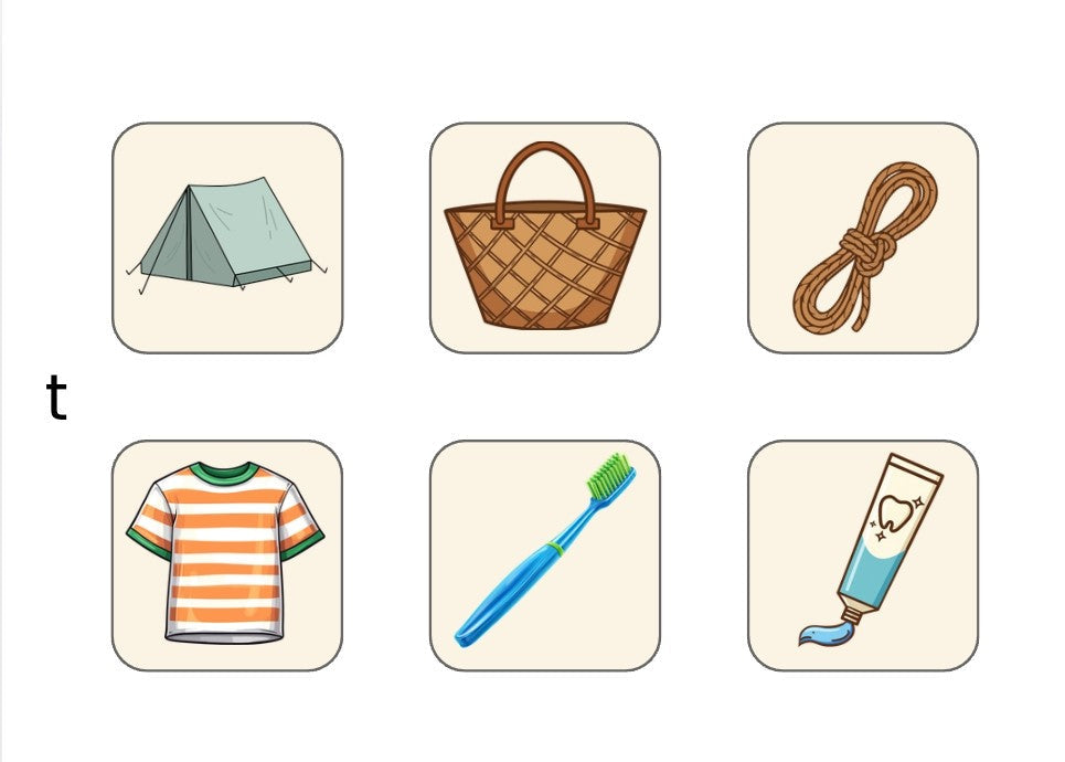 lottokaartjes, beginklank, thema vakantie, kleuters, spel beginklank, auditieve oefeningen, auditieve analyse, groep 1/2 thema camping, op de camping, thema zomer, koffer inpakken, woordenschat, nt2, taalontwikkeling, lotto