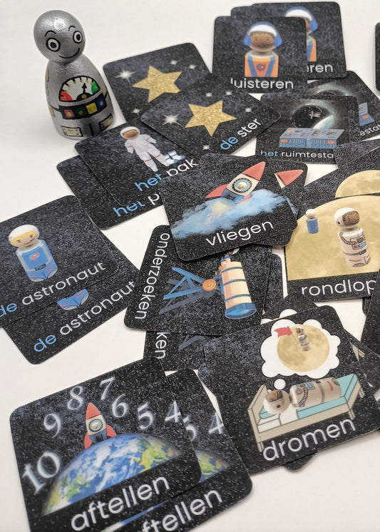 thema de ruimte, ruimte, thema ruimte, ik wil de maan, kleuters, de themahoek, themahoek, woordenschat, auditieve analyse, spel, memory