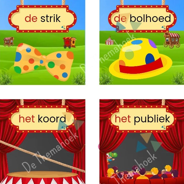 memory, thema circus, kleuters, groep 1/2, thema spot on, spot aan, kinderboekenweek, woordkaartjes, woordkaarten, muziekinstrumenten, theater, voorstelling, woordenschat, taalontwikkeling, spel, de themahoek, themahoek circus