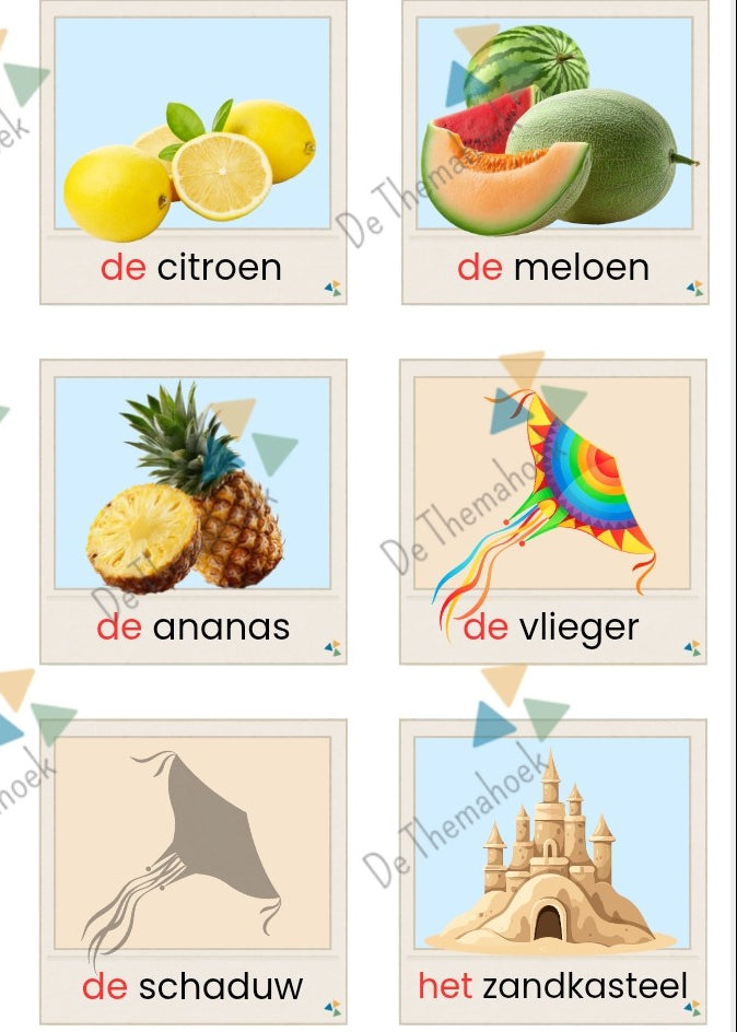kleuters, groep 1/2, memory thema vakantie, memory, thema vakantie, thema op reis, thema strand, thema zomer, woordenschat, auditieve oefeningen, de themahoek, themahoek 