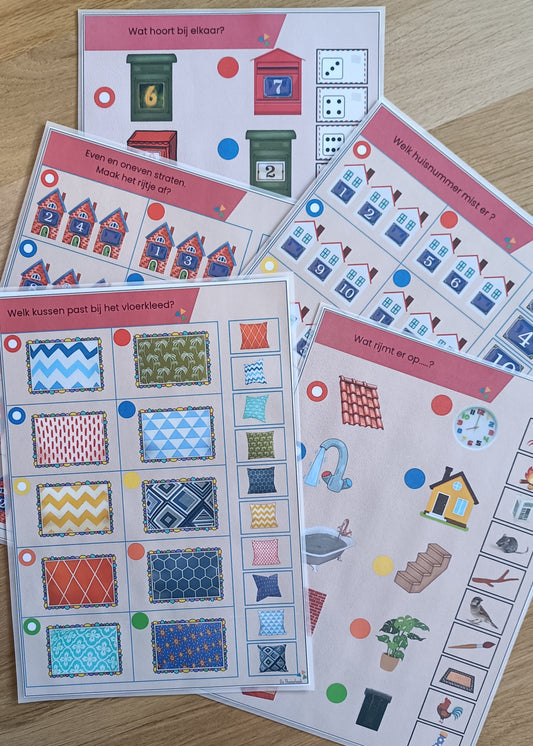 Thema mijn huis, kleuters, groep 1/2, piccolo, woordenschat, auditieve oefeningen, rekenen, tellen, cijferherkenning, tellen 10 20, huisnummers, thema, hier woon ik, huishoek, inloop, nt2 onderwijs, de themahoek, themahoek, spel, vergelijken, cijferreeks, rijmen