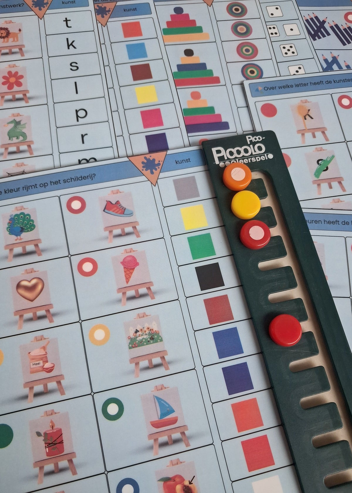 thema kunst piccolo, piccolo, piccolokaarten, thema kunst, kleuters, groep 1/2, woordenschat, kleur en vorm, rekenen, tellen, cijferherkenning, letters, rijmen, de themahoek, themahoek kunst