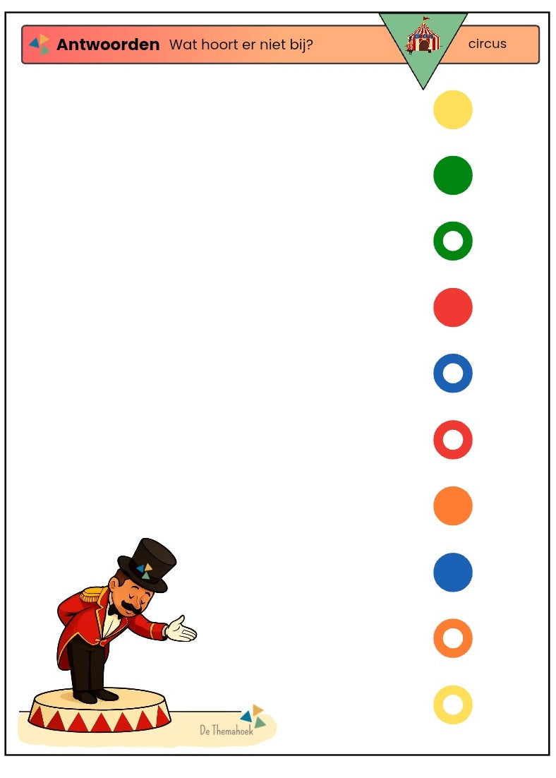 piccolo, thema circus, kleuters, groep 1/2, thema spot on, kinderboekenweek, rijmen, inloop, woordenschat, tellen, cijferkennis, beginklank, mkm woorden, inloopactiviteit, de themahoek, themahoek circus, circus