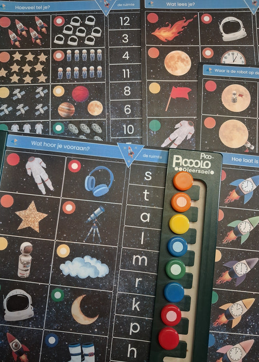 piccolo, thema ruimte, kleuters, groep 1/2, woordenschat, letterherkenning, cijfers, tellen, rekenen, rijmen, piccolokaarten, inloop, inloopactiviteit, de themahoek, themahoek ruimte, thema de ruimte, thema ruimte kleuters, thema ruimte groep 1/2, thema de ruimte kleuters