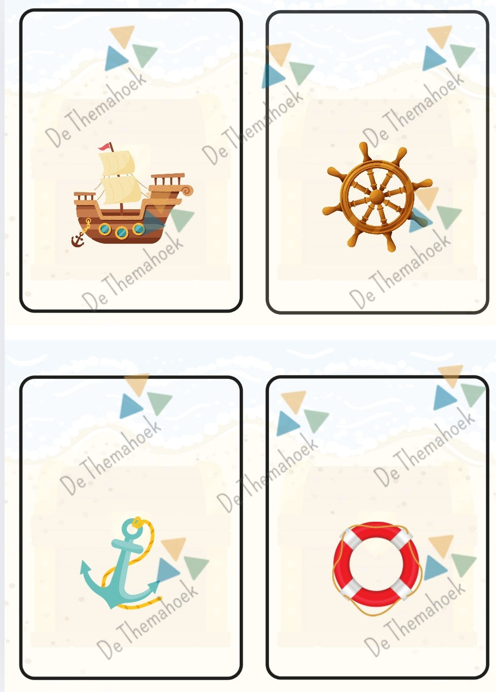 thema piraten, spel, piratenspel, kleuters, groep 1/2, woordenschat piraten, cijferherkenning piraten, letterherkenning piraten, rekenen piraten, zaklampspel piraten, de themahoek, themahoek piraten