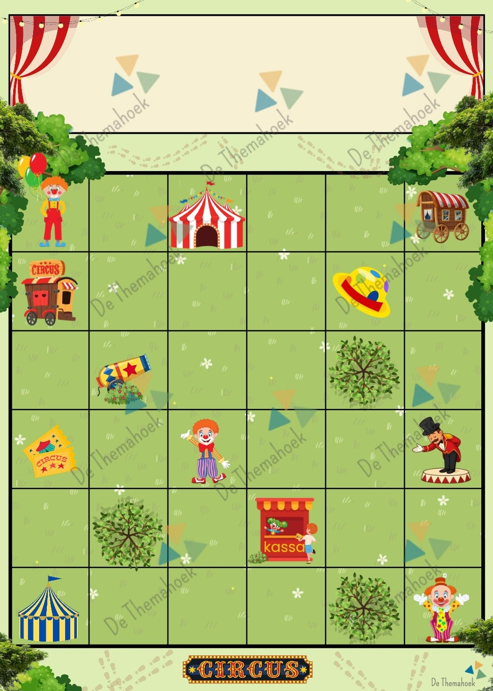 plattegrond, coderen, thema circus, circus, rekenen. plaatbepaling, ruimtelijke oriëntatie, links en rechts, de themahoek, themahoek circus, programmeren, cijferkennis, tellen
