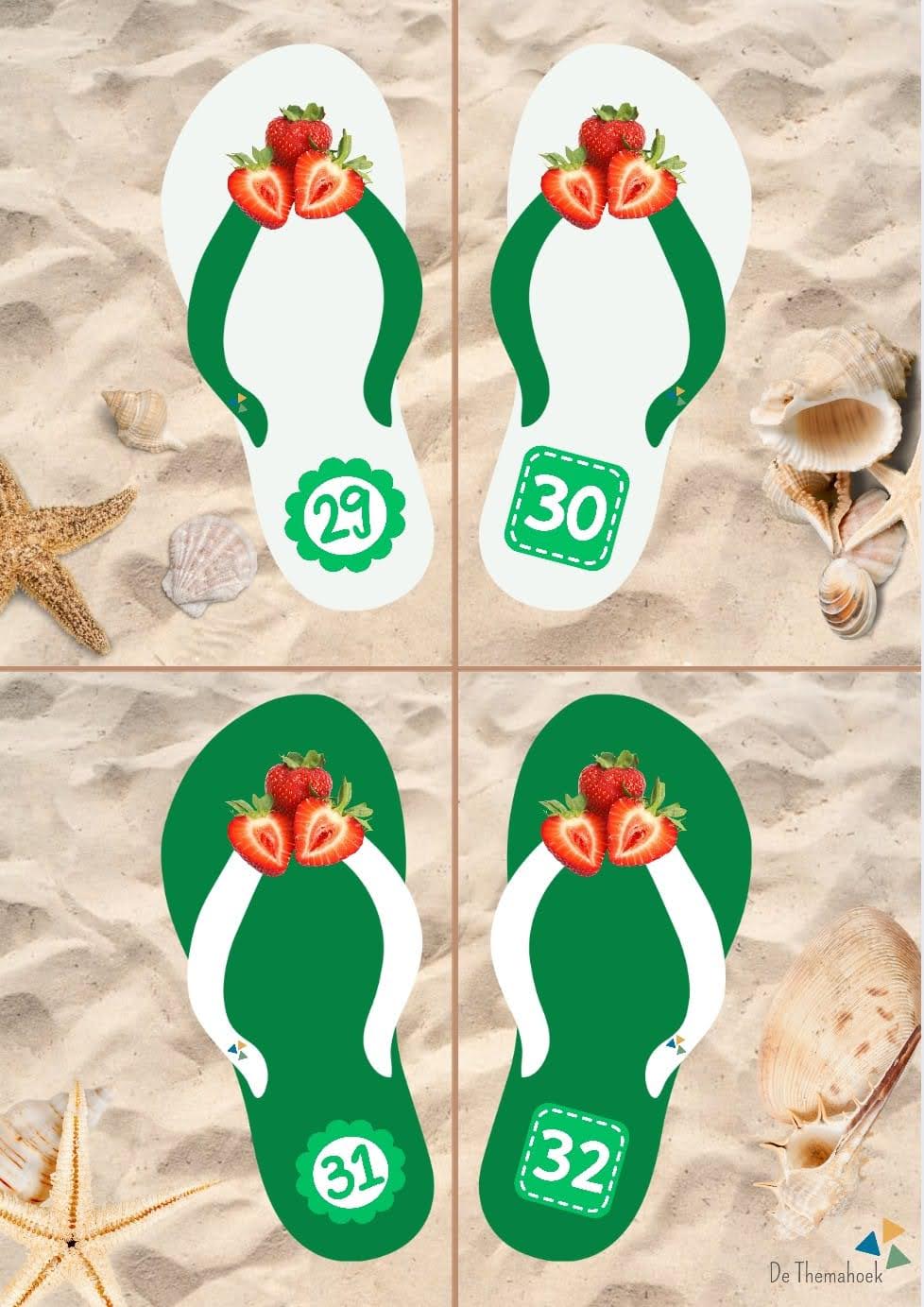 rekenen thema vakantie, thema strans, Thema vakantie, kleuters, vakantie, op reis, groep 1/2, slippers met cijfers, cijferkaarten, bewegend leren, telrij, cijferherkenning, cijfers tm 10, cijfers t/m 20, cijfers t/m 30, rekenen, sorteren