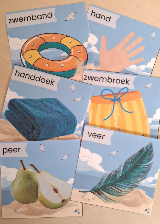 rijmen kleuters, rijmkaarten, rijmspel, thema vakantie, thema zomer, thema camping, thema strand, strand, zee, thema op reis, groep 1/2, kleuters, nt2, woordenschat, auditieve oefeningen, rijmen