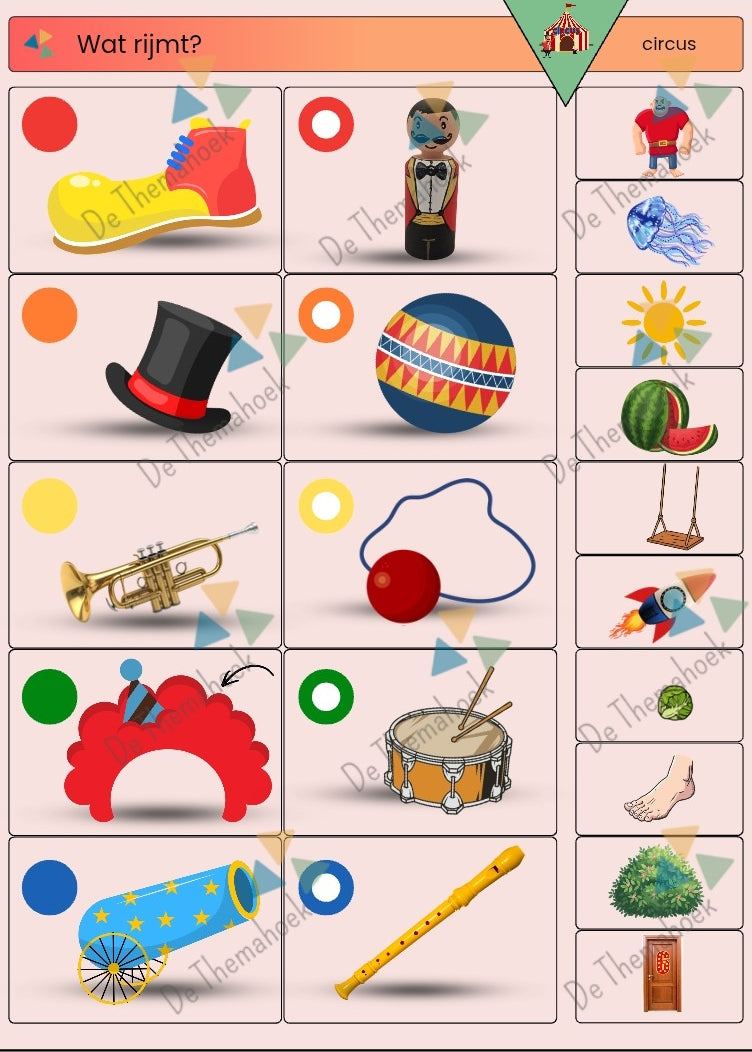 piccolo, thema circus, kleuters, groep 1/2, thema spot on, kinderboekenweek, rijmen, inloop, woordenschat, tellen, cijferkennis, beginklank, mkm woorden, inloopactiviteit, de themahoek, themahoek circus, circus