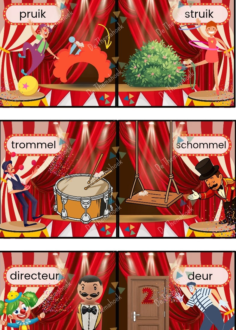 rijmkaarten, thema circus, rijmen, spot on, kinderboekenweek 2026, kleuters, groep 1/2, fonemisch bewustzijn, woordkaarten, rijmspel, auditieve oefeningen, circus, de themahoek, themahoek circus, woordenschat, taalontwikkeling 