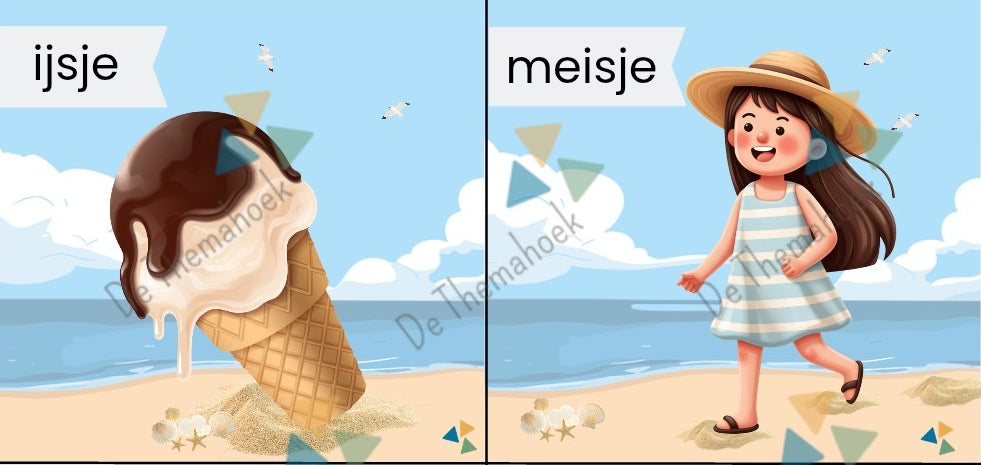 thema zee, thema strand, thema zand en zee, thema vakantie, thema zomer, rijmen, groep 1/2, kleuters, rijmkaarten, inloop, rijmmemory, rijmspel, de themahoek