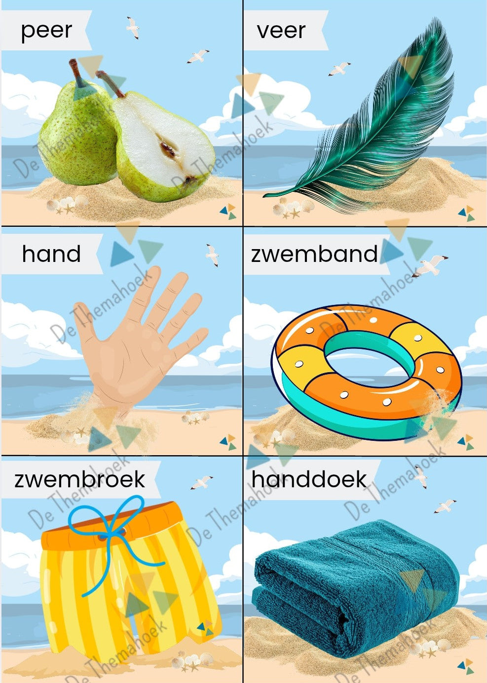 rijmen, thema vakantie, thema zomer, thema strand, kleuters, groep 1/2, woordenschat, taalontwikkeling, rijmspel, rijmkaarten, kringactiviteit, inloop, rijmmemory, rijm memory, de themahoek