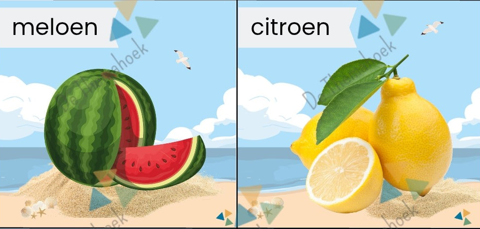 woordenschat, rijmen, kleuters, groep 1/2, thema vakantie, thema strand, thema zomer, thema op reis, thema camping, rijmspel, auditieve oefeningen, de themahoek