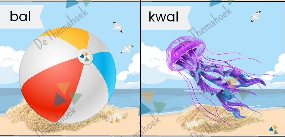 woordenschat, rijmen, kleuters, groep 1/2, thema vakantie, thema strand, thema zomer, thema op reis, thema camping, rijmspel, auditieve oefeningen, de themahoek