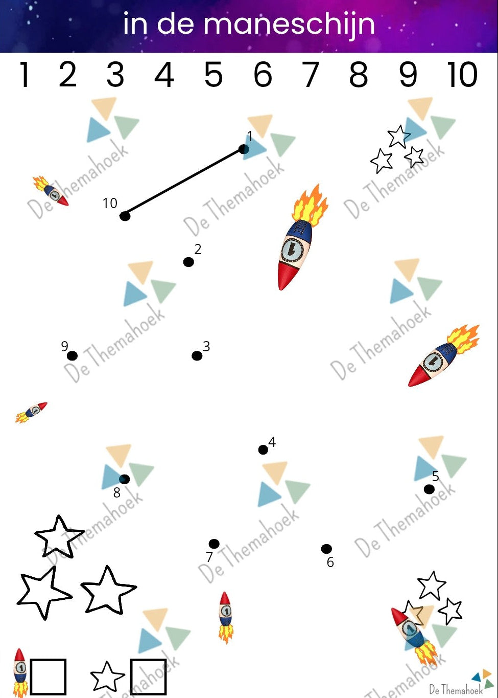 raket cijfertekening, thema ruimte, groep 1/2, de themahoek, themahoek, kleuters, groep 1/2, rekenen, cijferherkenning, kleurplaat raket, themahoek ruimte, inloop thema ruimte, de ruimte