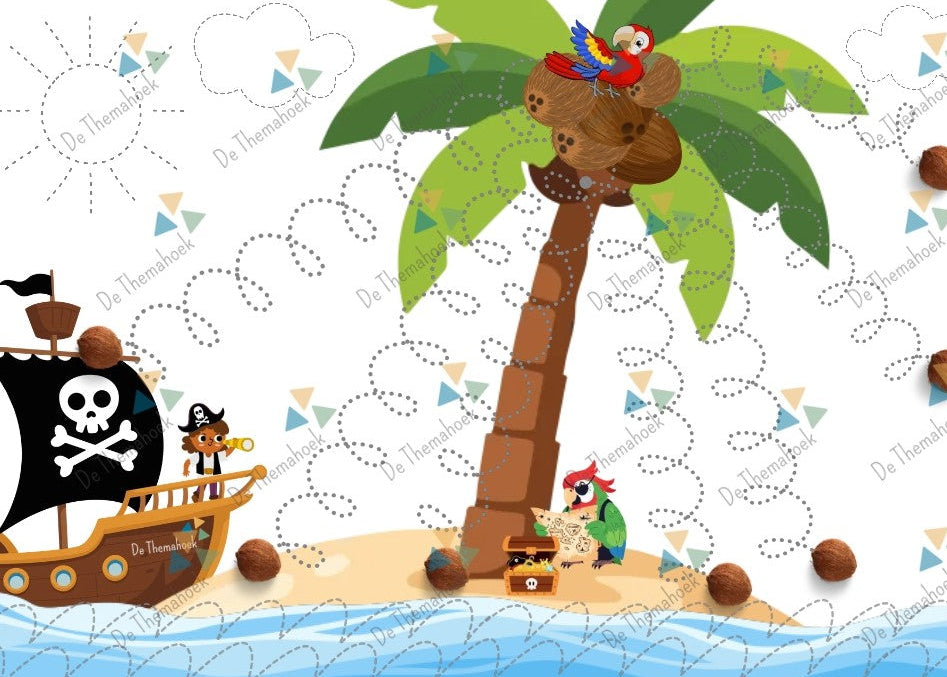 thema piraten, schrijfpatronen, kleuters, groep 1/2, aanvankelijk schrijven, fijne motoriek, schrijfoefeningen, de themahoek, themahoek piraten, inloop thema piraten, thema piraten tekenen, kleurplaat thema piraten