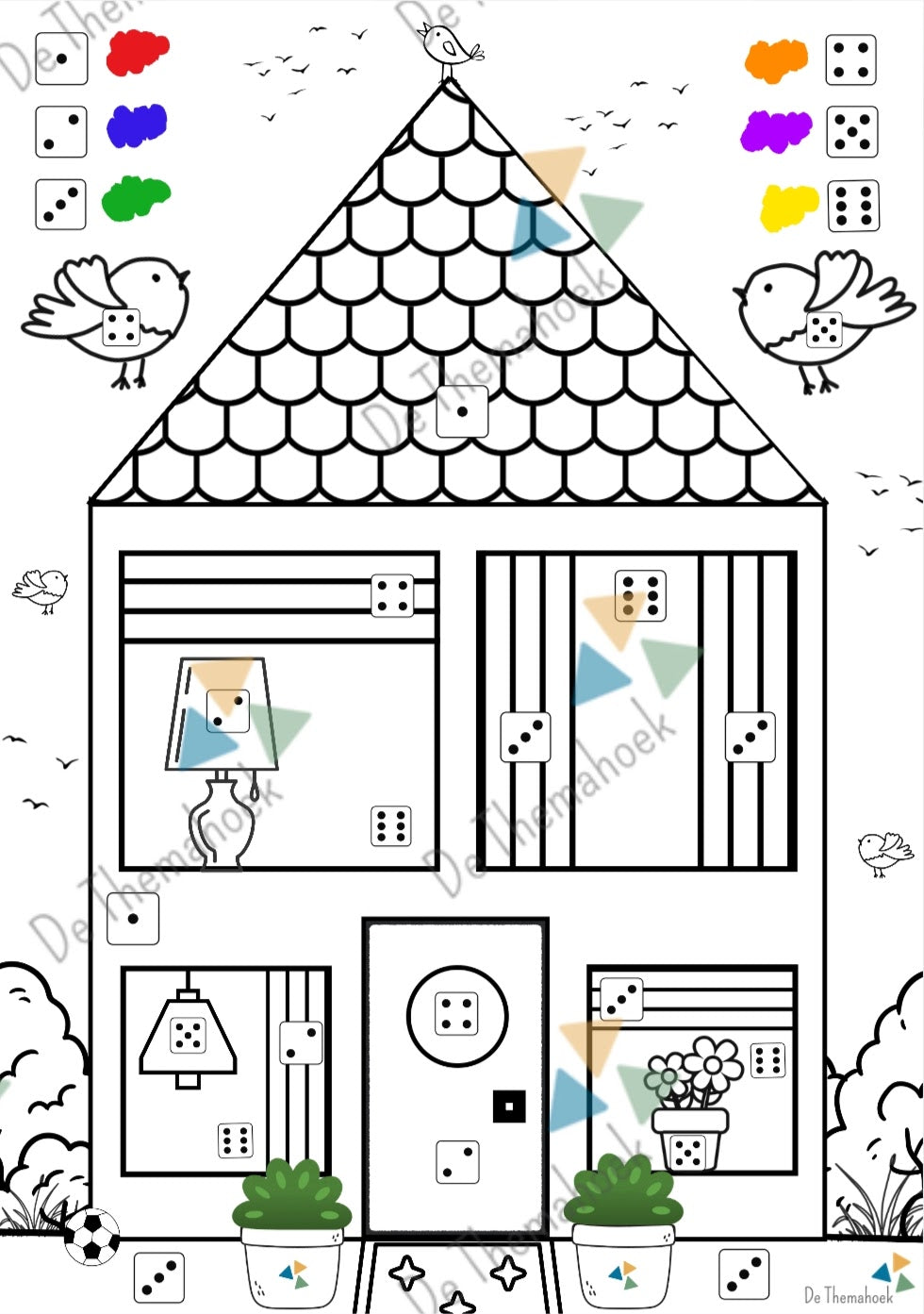 schrijfpatronen, aanvankelijk schrijven, schrijven, kleuters, groep 1/2, thema huis, thema hier woon ik, thema mijn huis, thema wie ben ik, de themahoek, themahoek, dobbelsteenbeelden, rekenen, kleurplaat, inloop, dobbel en kleur, rekenen, tellen