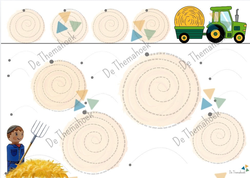 schrijfpatronen, kleuters, groep 1/2, fijne motoriek, aanvankelijk schrijven, inloop activiteit, inloop, de themahoek, thema boerderij, thema lente, 