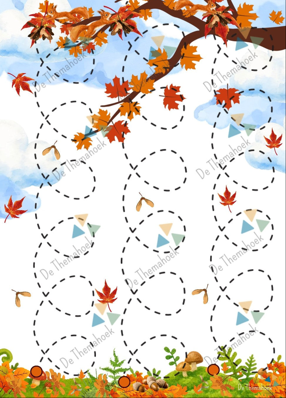 schrijfpatronen, thema herfst, thema bos, kleuters, groep 1/2, aanvankelijk schrijven, fijne motoriek, schrijfpatronen bos, thema bos schrijfpatronen, thema herfst schrijfpatronen, de themahoek, themahoek bos, themahoek herfst