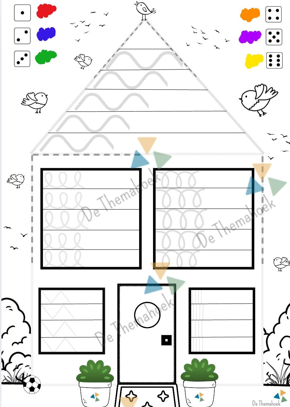 schrijfpatronen, aanvankelijk schrijven, schrijven, kleuters, groep 1/2, thema huis, thema hier woon ik, thema mijn huis, thema wie ben ik, de themahoek, themahoek, dobbelsteenbeelden, rekenen.