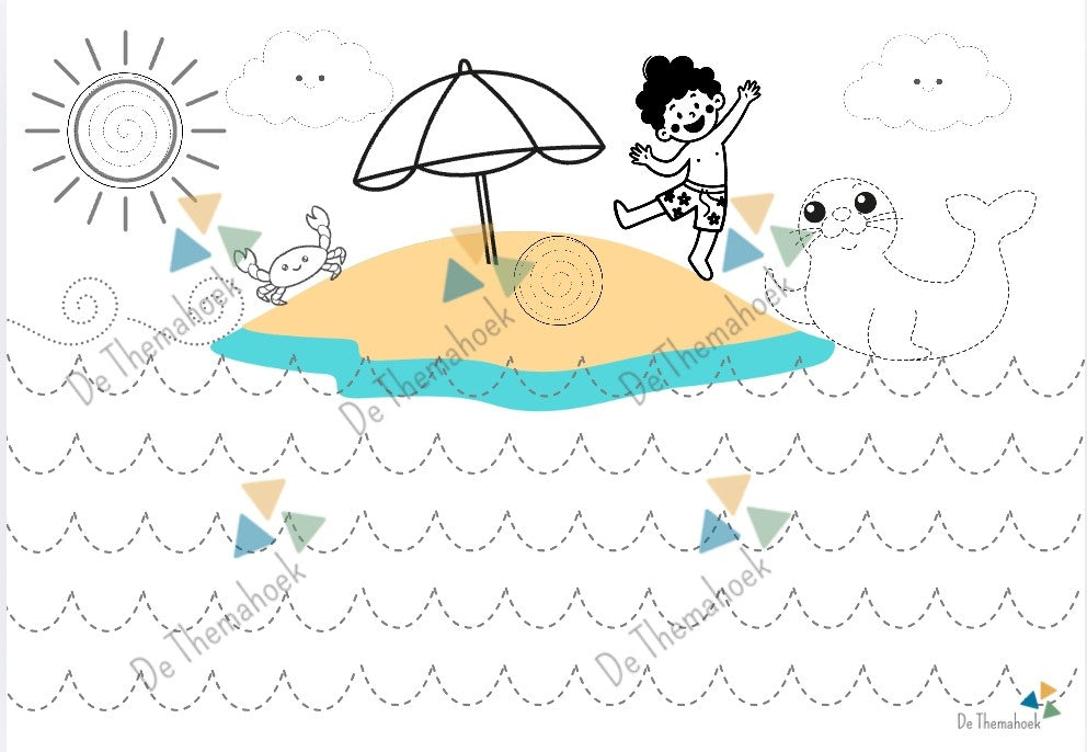 thema vakantie, thema zomer, thema op reis, kleuters, schrijfpatronen, aanvankelijk schrijven, inloop, inloopactiviteiten, woordenschat, de themahoek, motoriek, fijne motoriek, hema strand