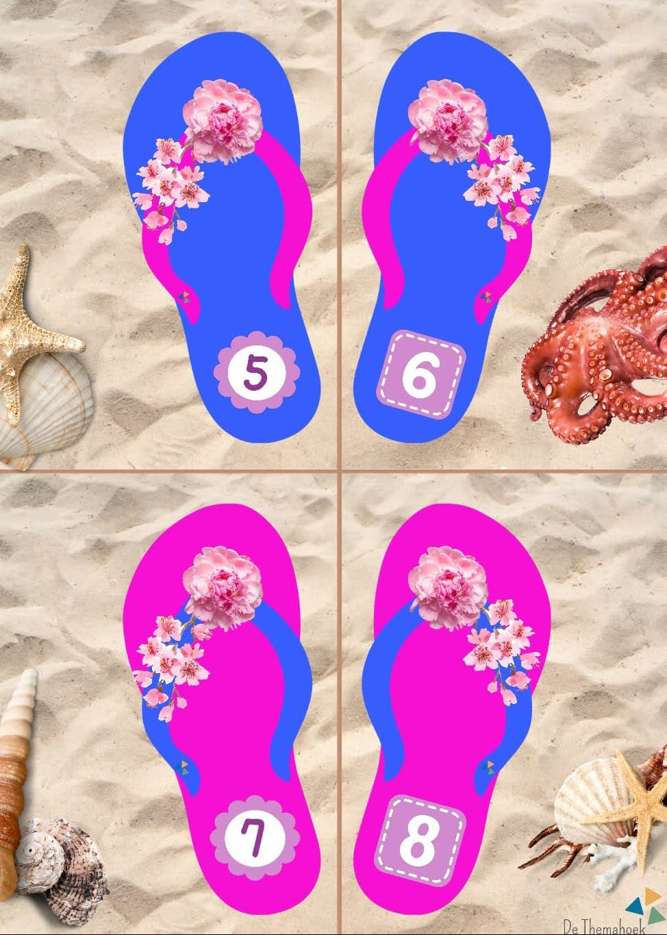 Thema vakantie, kleuters, vakantie, op reis, groep 1/2, slippers met cijfers, cijferkaarten, bewegend leren, telrij, cijferherkenning, cijfers tm 10, cijfers t/m 20, cijfers t/m 30, rekenen, sorteren