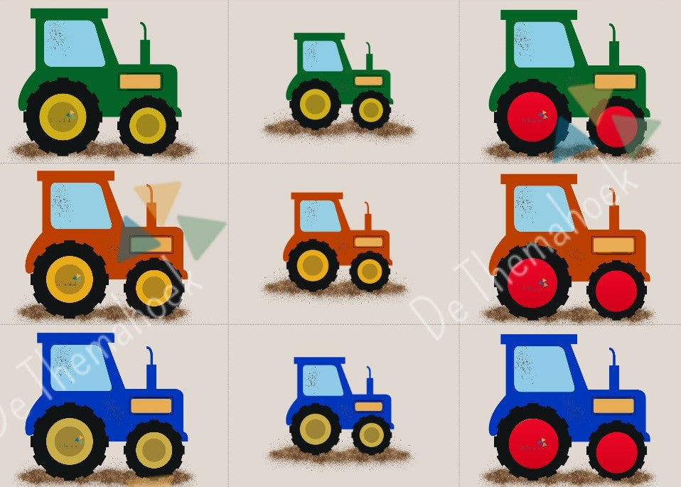 kleuters, groep 1/2, thema boerderij, trekkers, thema voertuigen, sorteren, classificeren, logiblock, kleur en vorm, rekenen, rekendoel, tellen, de themahoek, themahoek, sorteren op kleur
