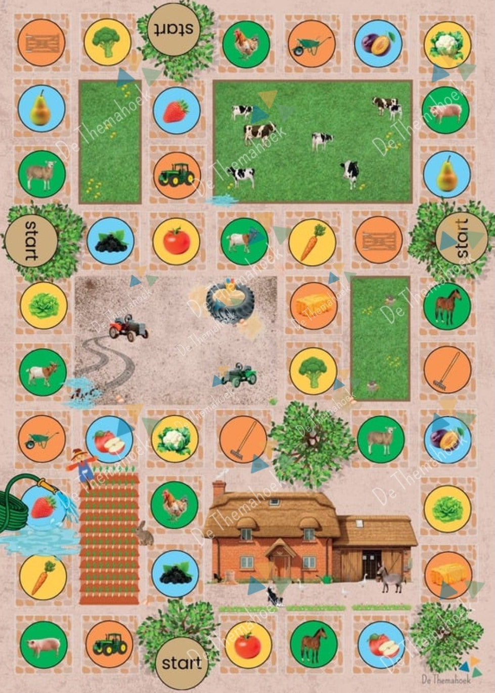 thema boerderij, kleuters, groep 1/2, dobbelspel, dobbelsteen, woordenschat, op de boerderij, gezelschapsspel, bordspel, woordenschat boerderij auditieve oefeningen, thema lente
