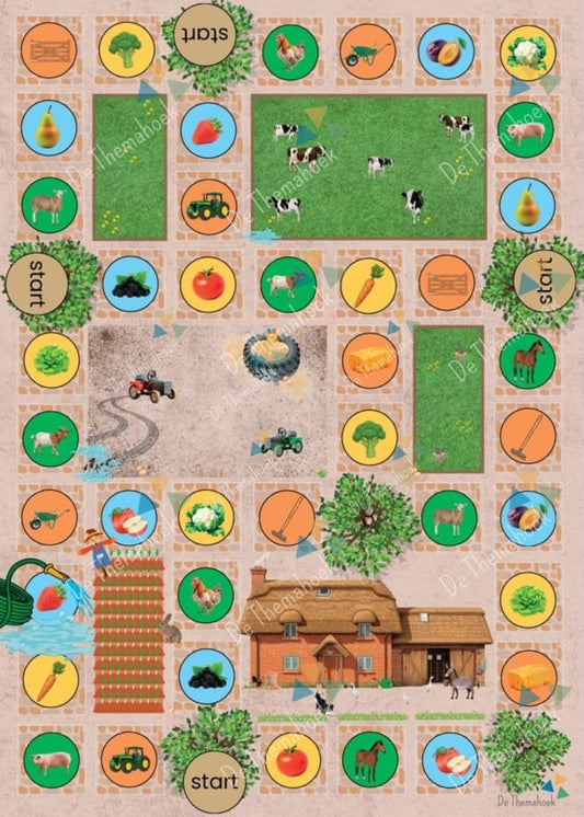 thema boerderij, kleuters, groep 1/2, dobbelspel, dobbelsteen, woordenschat, op de boerderij, gezelschapsspel, bordspel, woordenschat boerderij auditieve oefeningen, thema lente