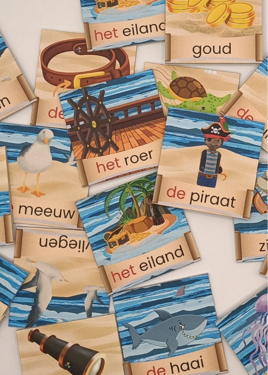memory thema piraten, piraten memory, kleuters, groep 1/2, nt2 onderwijs, woordenschat, auditieve oefeningen thema piraten, afbeeldingen piraten groep 1/2, woordkaarten piraten, groep 3, themahoek piraten, de themahoek