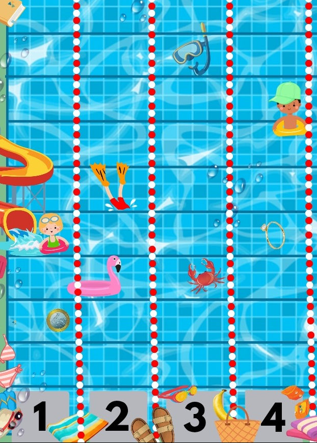 spel thema zomer, thema vakantie, zwembad, kleuters, samenwerkingsspel, samenwerken, tellen, dobbelsteen, op vakantie