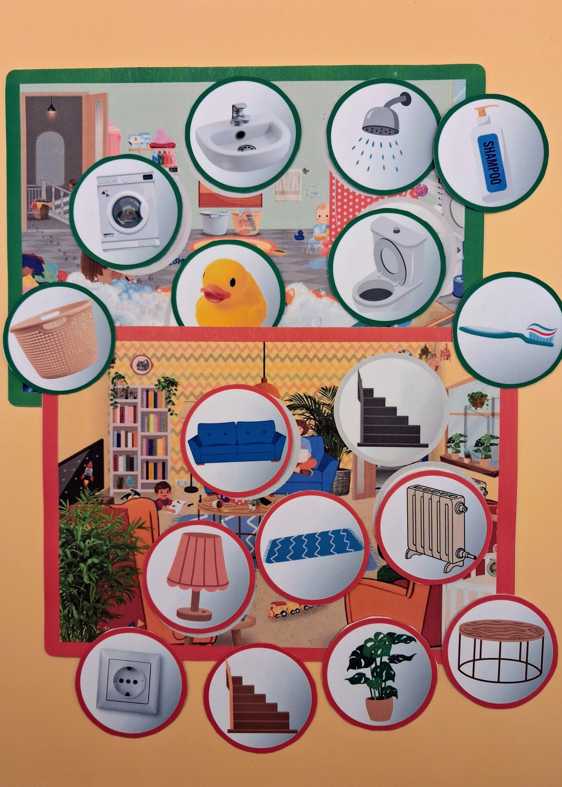 bingo, thema huis, kleuters, groep 1/2, woordenschat, auditieve oefeningen, lotto, thema mijn huis, thema hier woon ik, de themahoek, themahoek, spel, huishoek, lotto