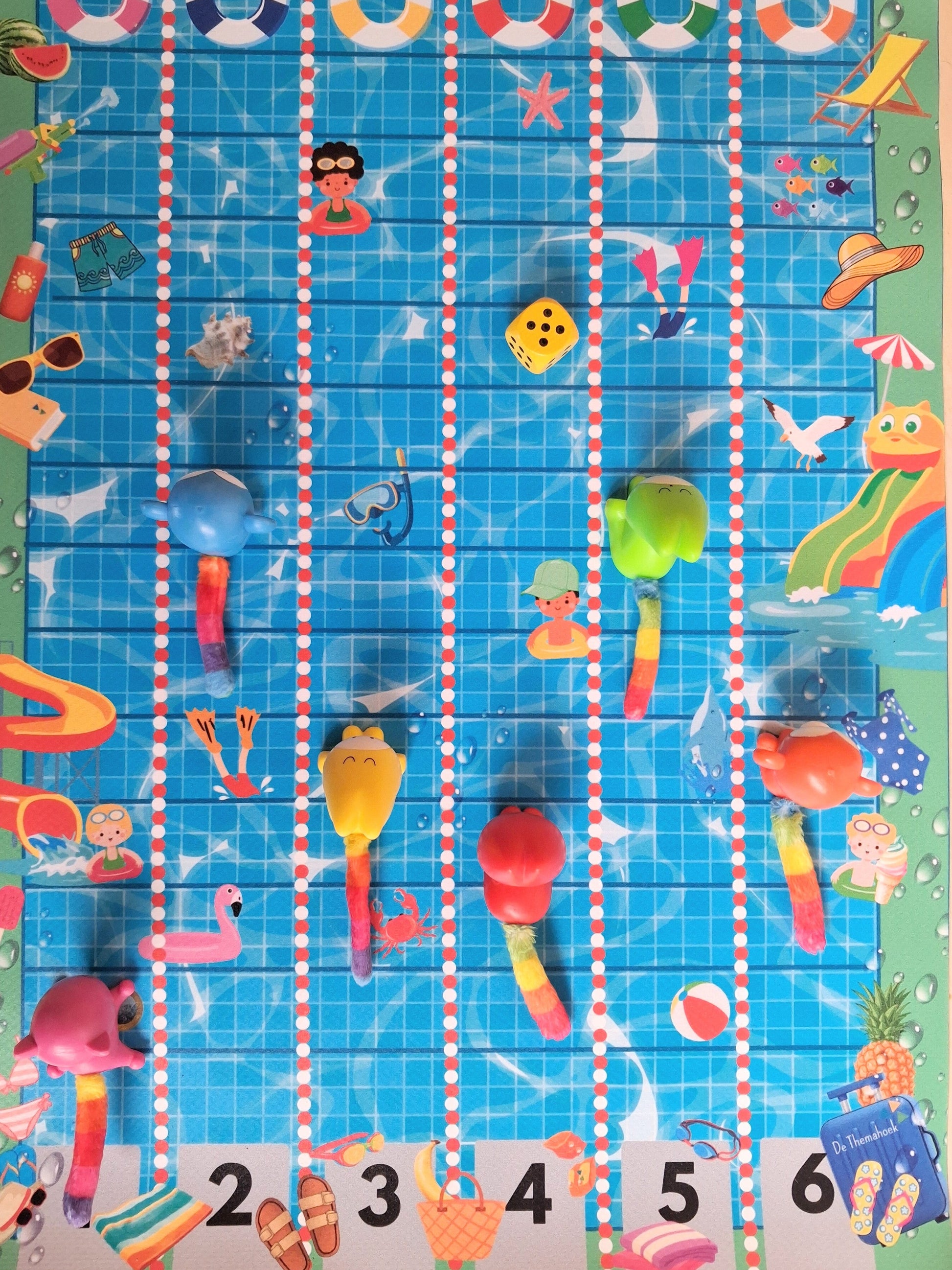zwebad, spel, thema de camping, thema vakantie, thema op reis, thema vervoersmiddelen, kleuters, groep 1/2, spel, bewegend leren, woordenschat, tellen, rekenen, nt2, de themahoek