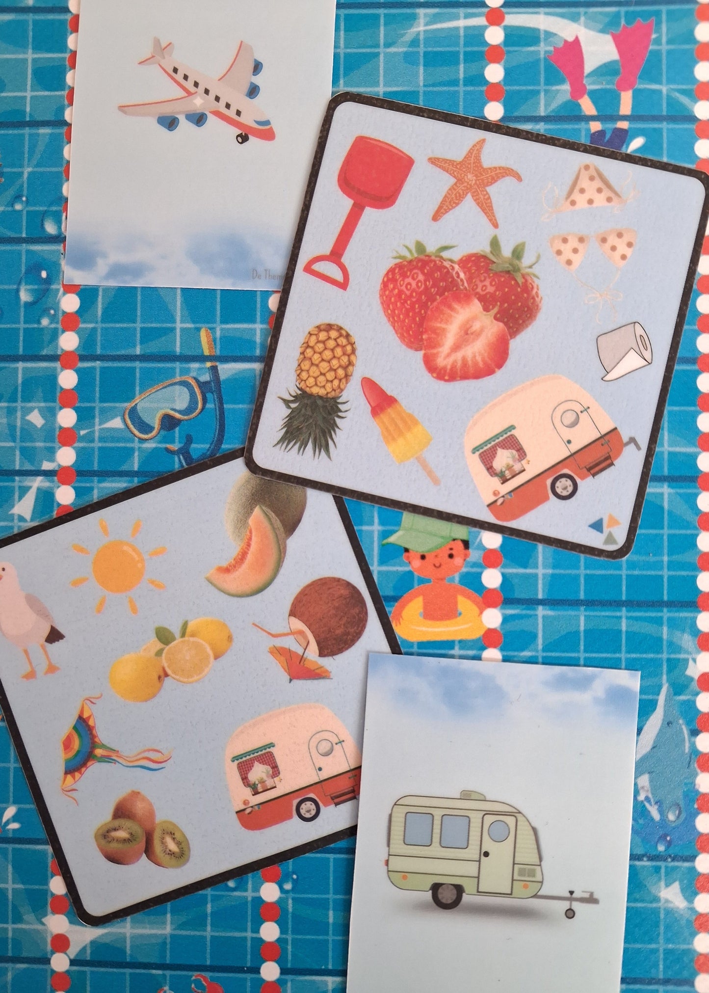 spellen thema vakantie kleuters, thema de camping, thema zomer, kleuters, groep 1/2, dobble, halli galli, zwembad spel, tellen, rekenen, woordenschat, bewegend leren, de themahoek