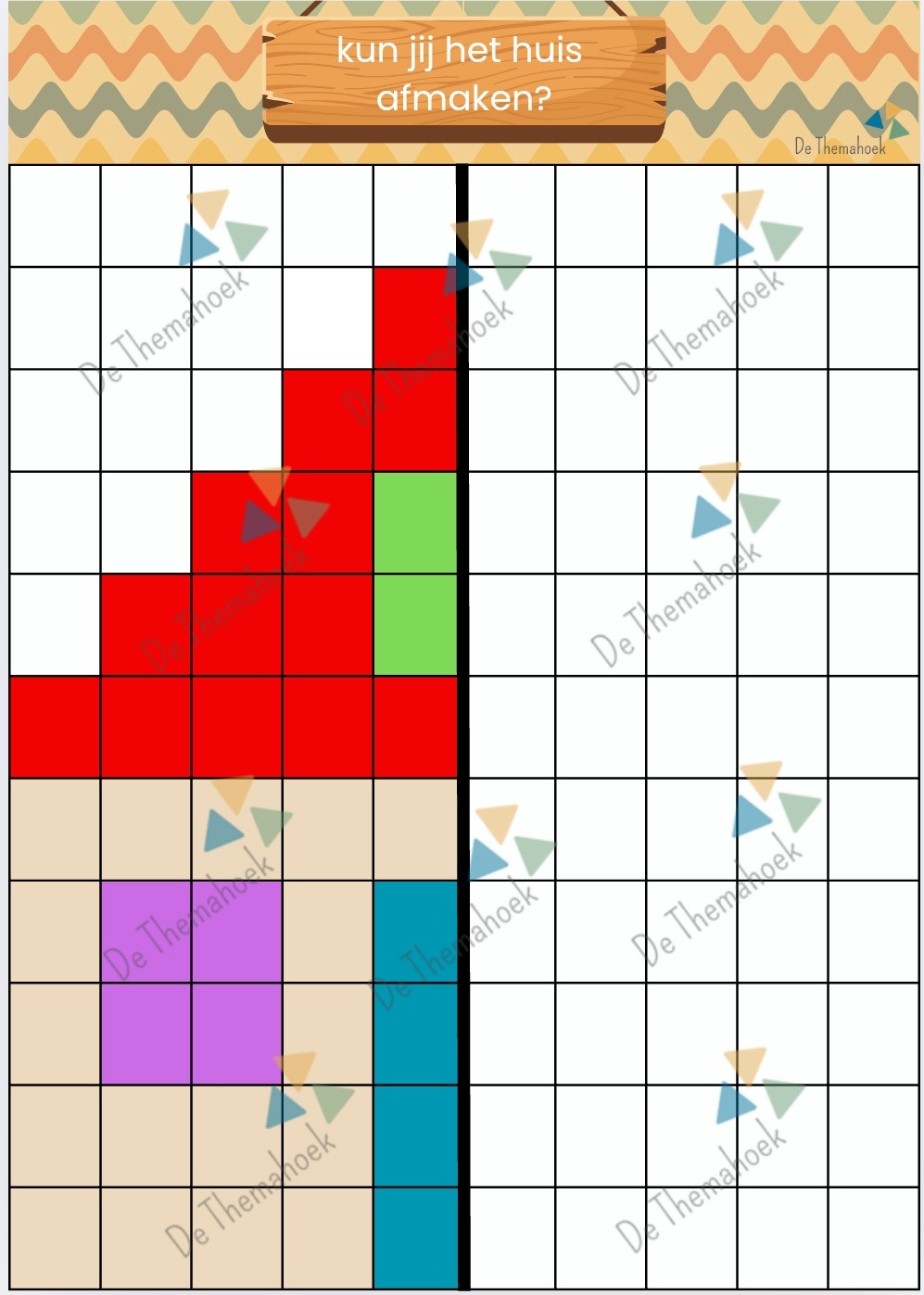 spiegelen, thema huis, thema mijn huis, tekenen, tellen, rekenen, cijfers, getallen, de themahoek, themahoek, rekenen, rekenbundel, rekenbegrippen, kleuters, groep 1/2, spiegeltekening
