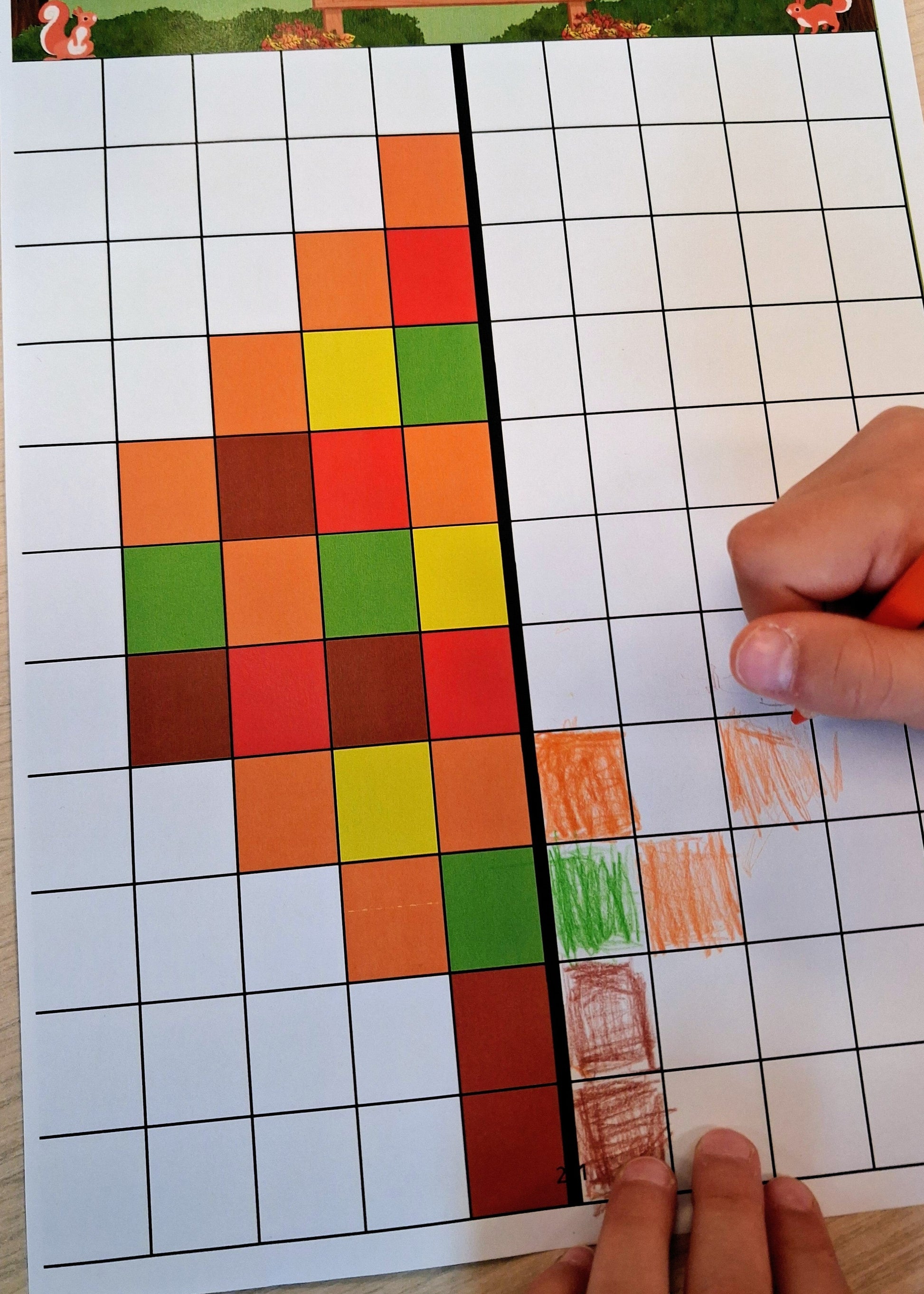 thema bos, thema herfst, herfst, bos, spiegelen, kleuters, groep 1/2, rekenen, kleuren, werkblad, inloopactiviteit, inloop, rekenen, kring, de themahoek, themahoek