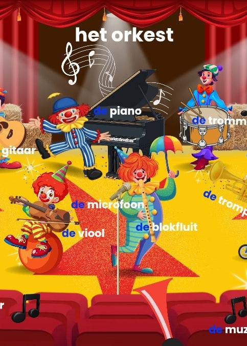 spot on, kinderboekenweek 2026, thema muziek, thema theater, thema circus, muziekinstrumenten, praatplaat, woordplaat, woordkaartjes, de themahoek, taalontwikkeling, woordenschat, auditieve oefeningen