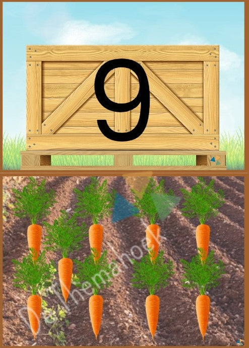 groep 1/2, kleuters, thema boerderij, op de boerderij, cijfers, rekenen, telkaarten, cijferkaarten, getallen tm 10, getallen tm 12, rekenen, thema lente, thema groente, tellen, de htemahoek, themahoek boerderij, spel, 