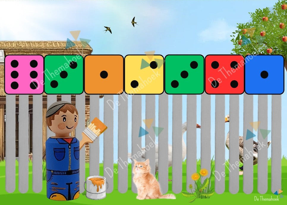 spel, kleuters, thema boerderij, op de boerderij, thema lente, bouwkaarten, bouwen, patronen, voorbeeldkaarten, groep 1/2, kleur en vorm, kleuren, ruimtelijk inzicht, visuele analyse, tellen, dobbelsteenbeelden, spel