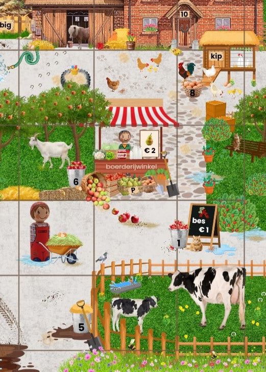 bee-bot mat, beebotmat, thema boerderij, thema lente, kleuters, groep 1/2, de boerderij, lente, cijferherkenning, letterherkenning, bee-bot, Bee-Bot, boerderijdieren, de themahoek, themahoek, spel boerderij