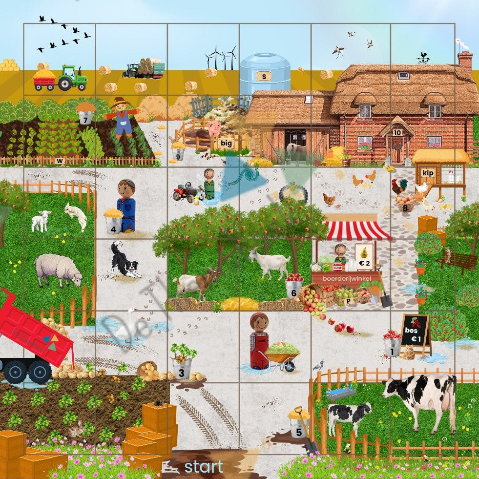 bee-bot mat, beebotmat, thema boerderij, thema lente, kleuters, groep 1/2, de boerderij, lente, cijferherkenning, letterherkenning, bee-bot, Bee-Bot, boerderijdieren, de themahoek, themahoek, spel boerderij