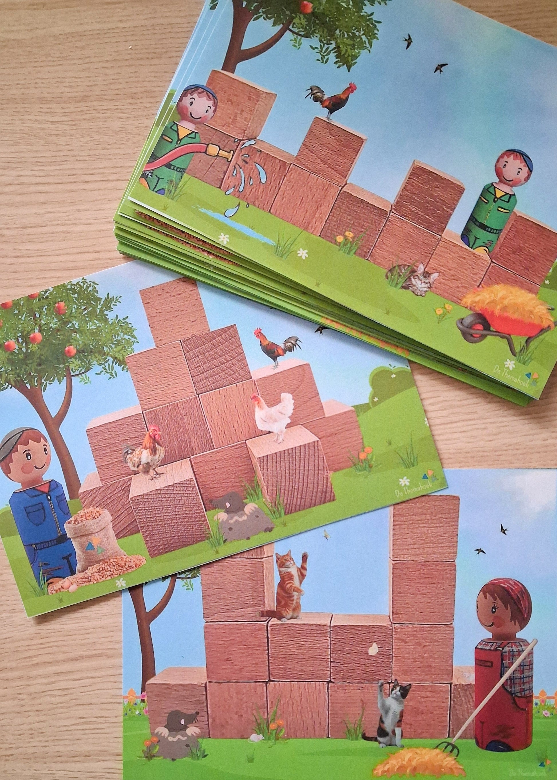 bouwkaarten voor kleuters, bouwhoek, kleine blokjes, nabouwen, thema boerderij, kleuters, groep 1/2, de themahoek