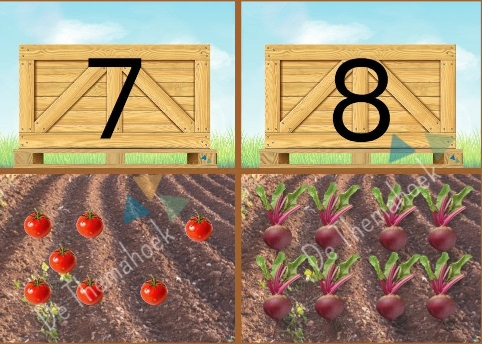 kleuters, groep 1/2, thema boerderij, op de boerderij, cijfers, rekenen, getalkaarten, telkaarten, cijferkaarten, getallen tm 10, getallen tm 12, rekenen, thema lente, thema groente, tellen, de themahoek, themahoek boerderij, spel, 