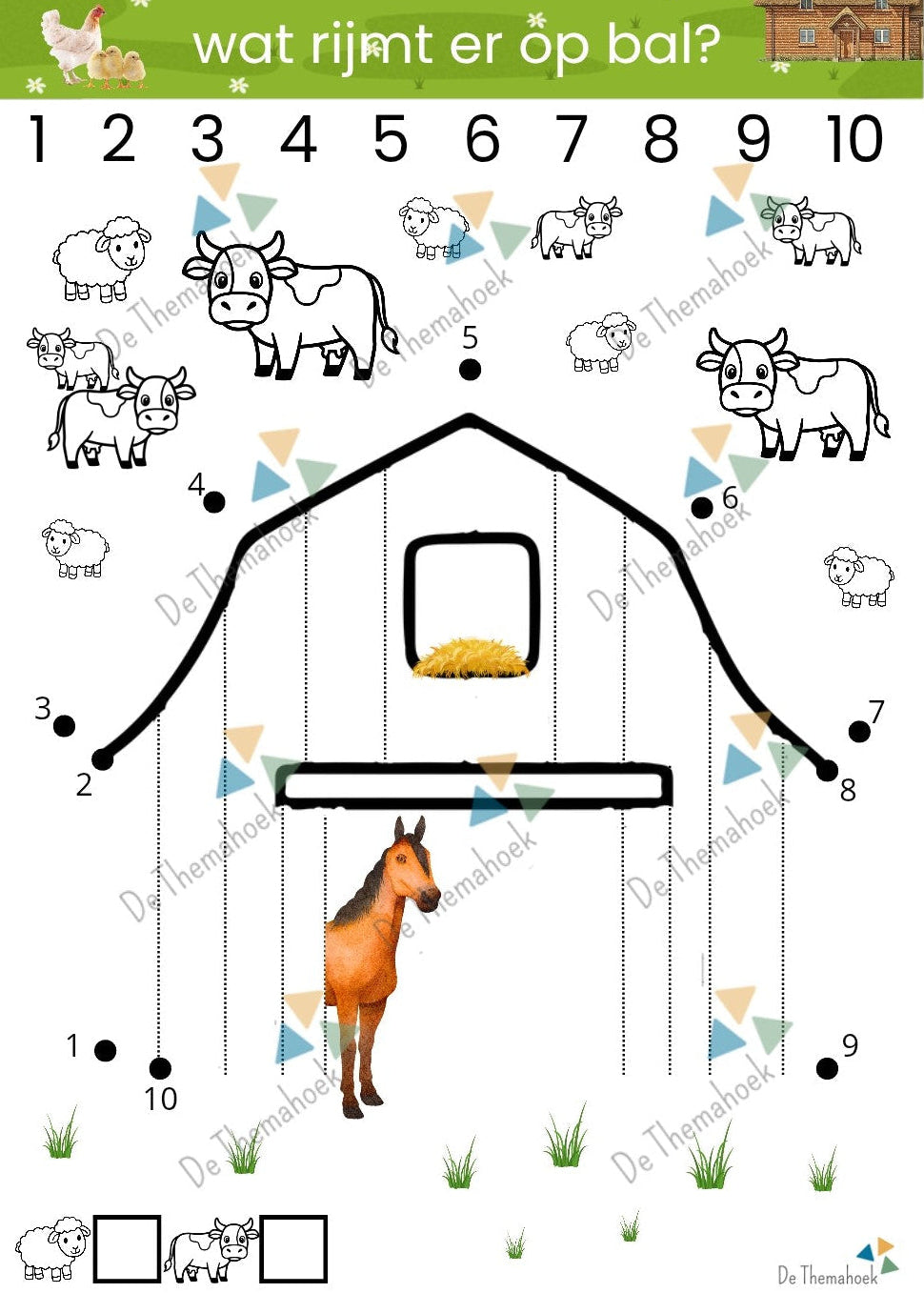 cijfertekeningen, thema boerderij, kleuters, groep 1/2, cijferherkenning, cijfers, rekenen, boerderij, de themahoek, thema lente, punt naar punt tekeningen, boerderijdieren, fijne motoriek, inloopactiviteiten