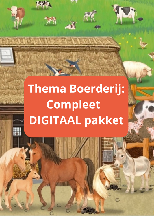 thema boerderij voor kleuters, themapakket boerderij kleuters, thema boerderij, kleuters, groep 1/2, nt2 leerlingen, nieuwkomers, woordenschat, rekenen, de themahoek, themahoek boerderij