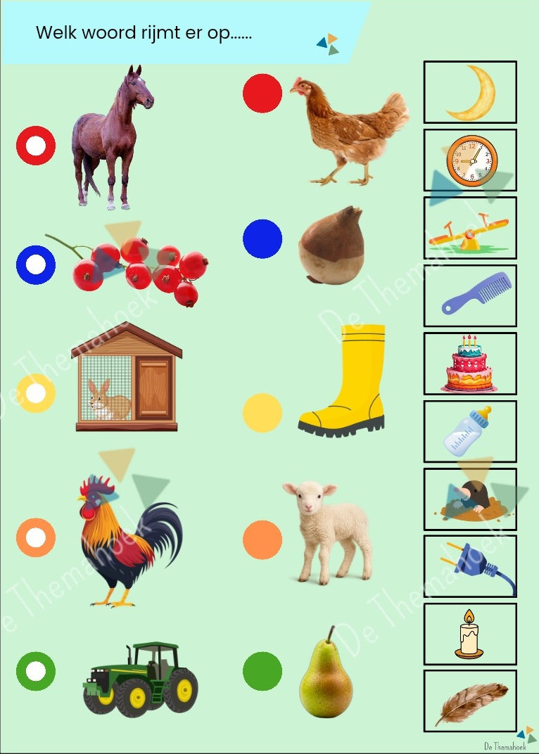 piccolo, thema boerderij, kleuters, groep 1/2, woordenschat, rekenen, tellen, letterherkenning, beginklank, tellen, cijferherkenning, dobbelsteenbeelden, rijmen, op de boerderij, de themahoek, inloop