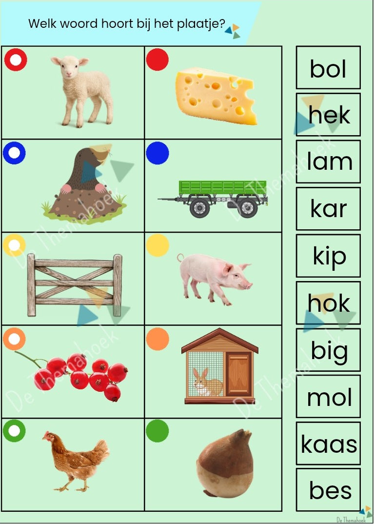 inloop, piccolo, thema boerderij, kleuters, groep 1/2, woordenschat, rekenen, tellen, letterherkenning, beginklank, tellen, cijferherkenning, dobbelsteenbeelden, rijmen, op de boerderij, de themahoek