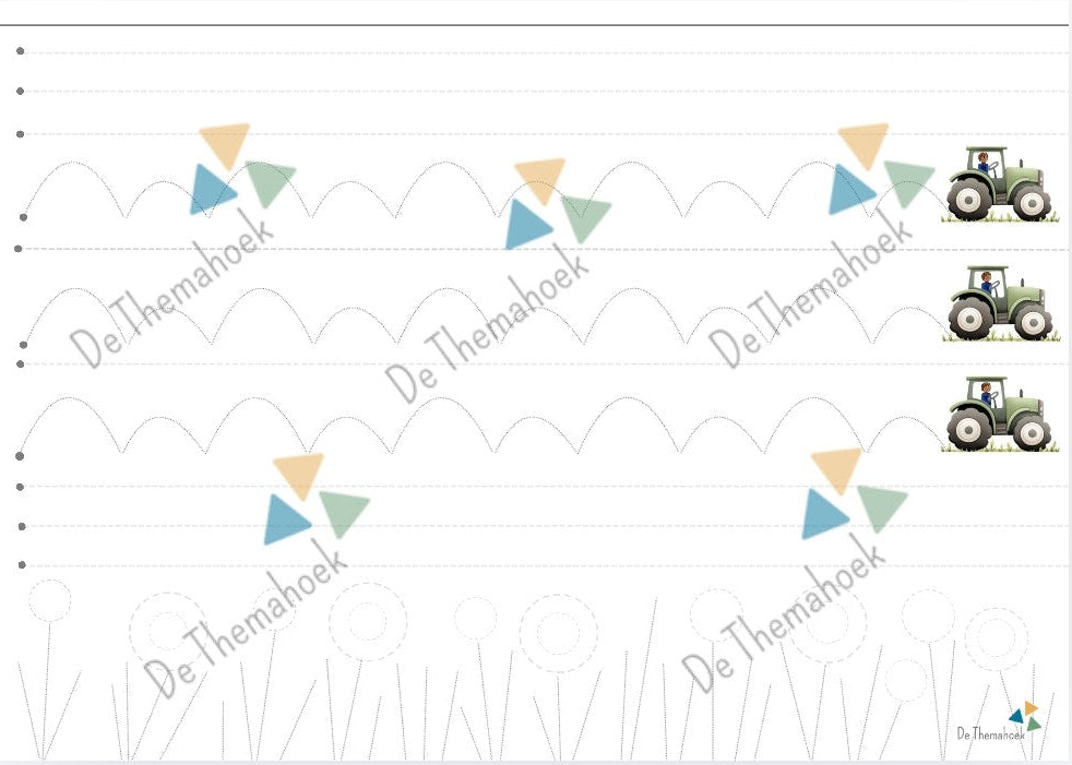 schrijfpatronen, kleuters, groep 1/2, fijne motoriek, aanvankelijk schrijven, inloop activiteit, inloop, de themahoek, thema boerderij, thema lente, pengreep, potloodgreep
