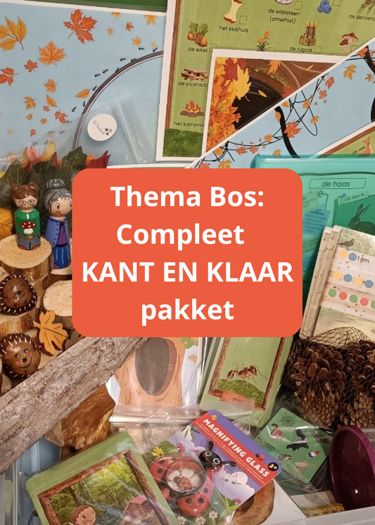 compleet themapakket, themakist bos, thema bos, thema herfst, kleuters, groep 1/2, spellen thema bos, rekenen, woordenschat, cijfers, letters, tellen, de themahoek, themahoek, themahoek bos, themahoek kleuters