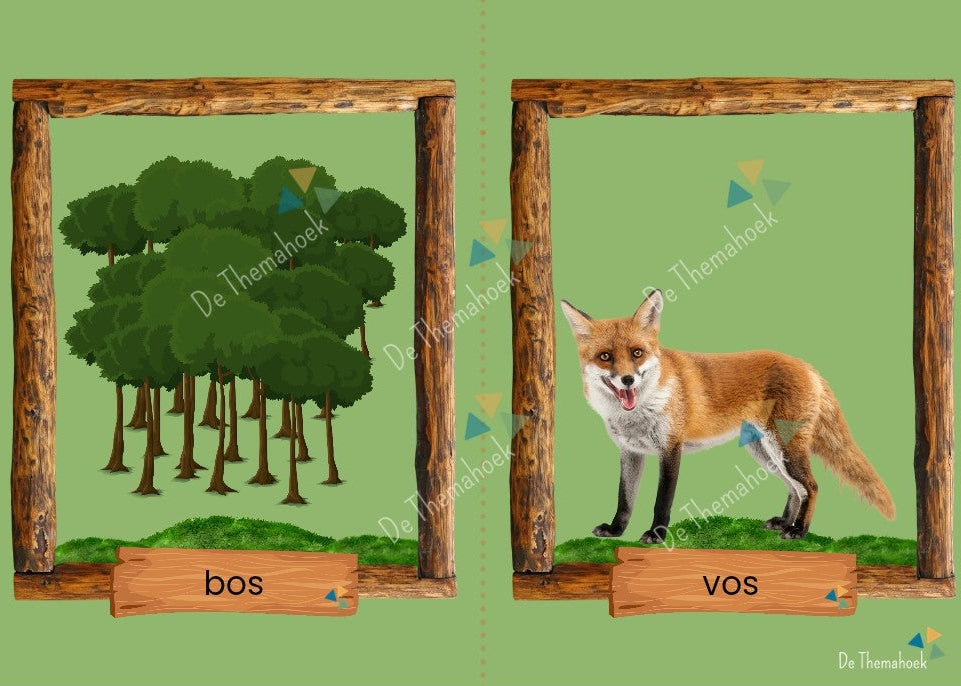 rijmen, thema bos, kleuters, groep 1/2, fonemisch bewustzijn, taalontwikkeling, rijmkaarten, rijmspel, de themahoek, themahoek bos, op avontuur in het bos, kinderboekenweek, kringactiviteit, inloop